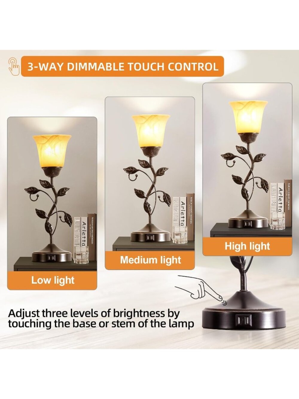 New Touch Control Leaf Vintage Table Lamp with 3-Way Dimmable 2 USB C+A Ports - Picture 4 of 6